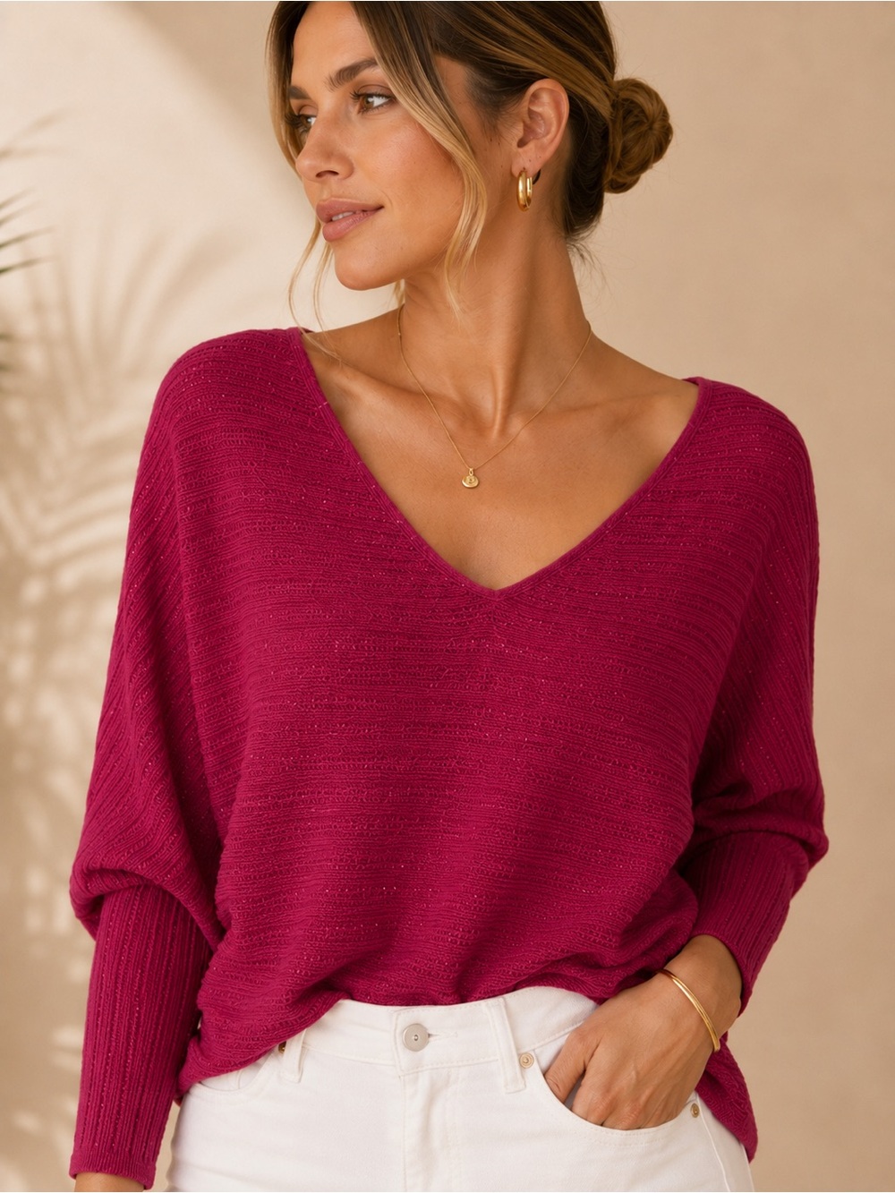Tommy Bahama Women's Jewel Bay- mini sequin Sweater in Fuchsia Pink - Picture 2 of 5